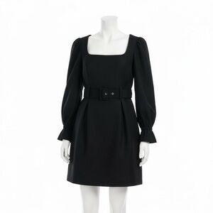 Camila Coelho Black Square Neck Belted Mini Dress, Puff Sleeves Medium